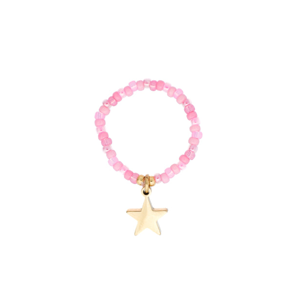 GLASS BEAD RING 2 MM PINK W/STAR CHARM