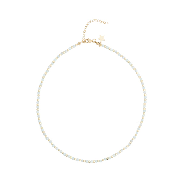 STONE BEAD NECKLACE 3 MM W/GOLD BEADS AQUAMARINE