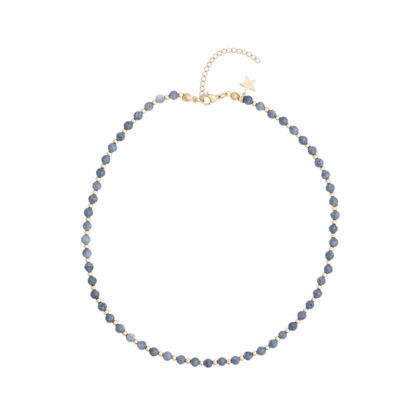 STONE BEAD NECKLACE 4 MM W/GOLD BEADS STEEL BLUE
