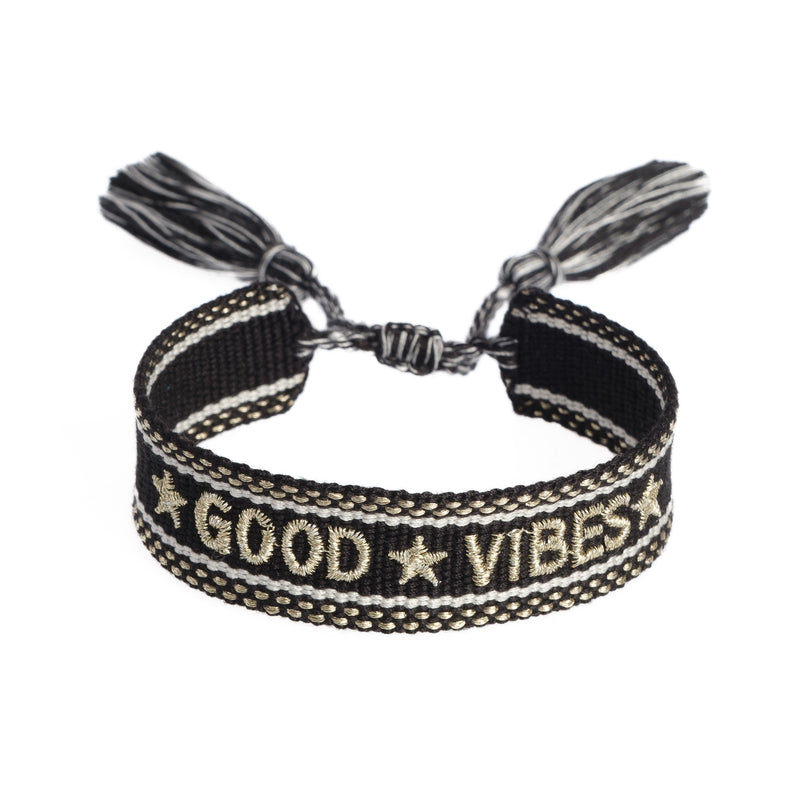 WOVEN FRIENDSHIP BRACELET "GOOD VIBES" BLACK W/GOLD