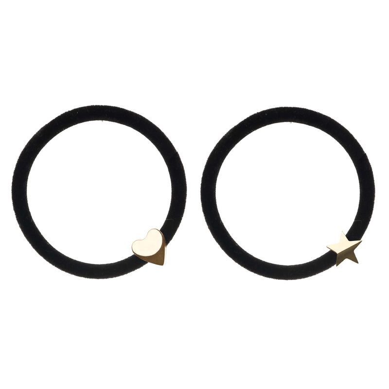 2 PK VELVET HAIR TIE BLACK W/GOLD HEART & STAR