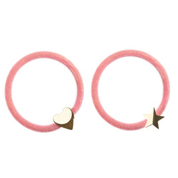 2 PK VELVET HAIR TIE BLUSH ROSE W/GOLD HEART & STAR