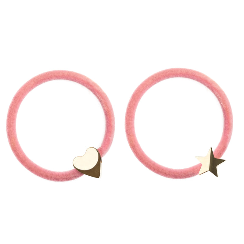 2 PK VELVET HAIR TIE BLUSH ROSE W/GOLD HEART & STAR