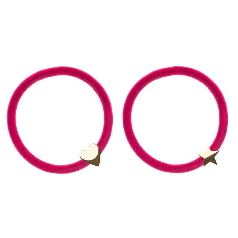 2 PK VELVET HAIR TIE PINK W/GOLD HEART & STAR