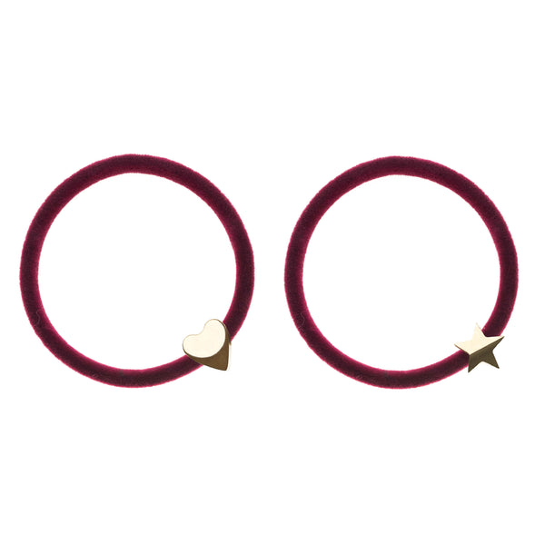 2 PK VELVET HAIR TIE WILDBERRY W/GOLD HEART & STAR