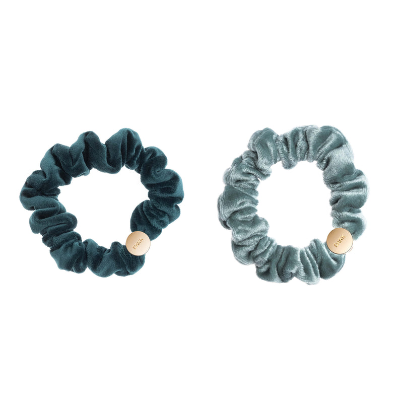 2 PK VELVET MINI SCRUNCHIE MALLARD GREEN & SPARKLED TEAL