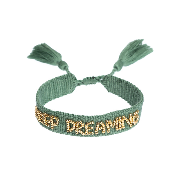 Woven Friendship Bracelet Thin W/Beaded Text "KEEP DREAMING" OCEAN