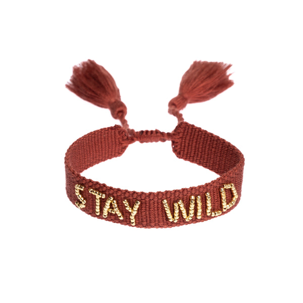 Woven Friendship Bracelet Thin W/Beaded Text "STAY WILD" MAHOGANY