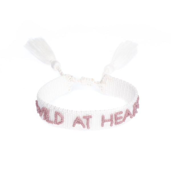Woven Friendship Bracelet Thin W/Beaded Text "WILD AT HEART" WHITE W/GRAPE