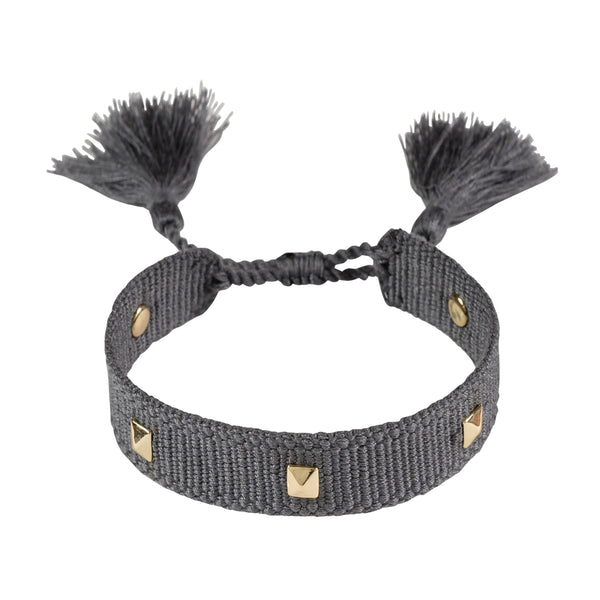 WOVEN FRIENDSHIP BRACELET THIN W/STUD - DARK GREY