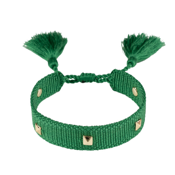 WOVEN FRIENDSHIP BRACELET THIN W/STUD - GREEN