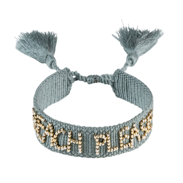 Woven Friendship Bracelet Thin W/Beaded Text "BEACH PLEASE DUSTY TEAL