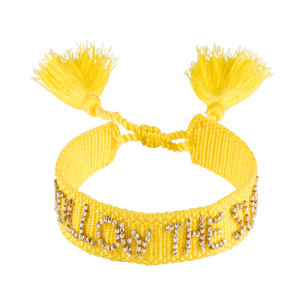 Woven Friendship Bracelet Thin W/Beaded Text "FOLLOW THE SUN" SUN YELLOW