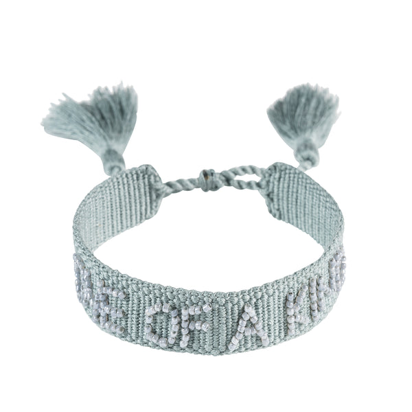 Woven Friendship Bracelet Thin W/Beaded Text "ONE OF A KIND" DUSTY TEAL