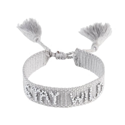 Woven Friendship Bracelet Thin W/Beaded Text "STAY WILD" LIGHT GREY