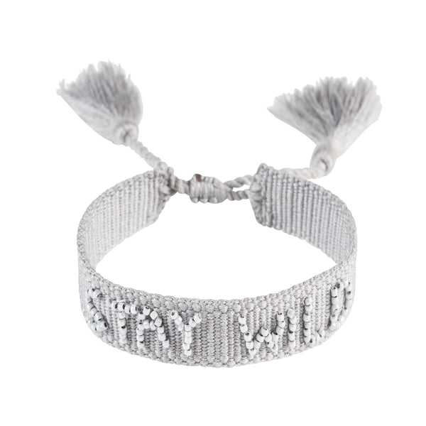 Woven Friendship Bracelet Thin W/Beaded Text "STAY WILD" LIGHT GREY