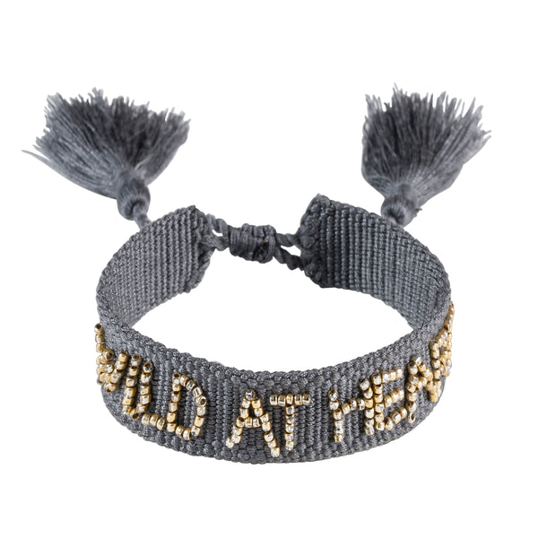 Woven Friendship Bracelet Thin W/Beaded Text "WILD AT HEART" DARK GREY