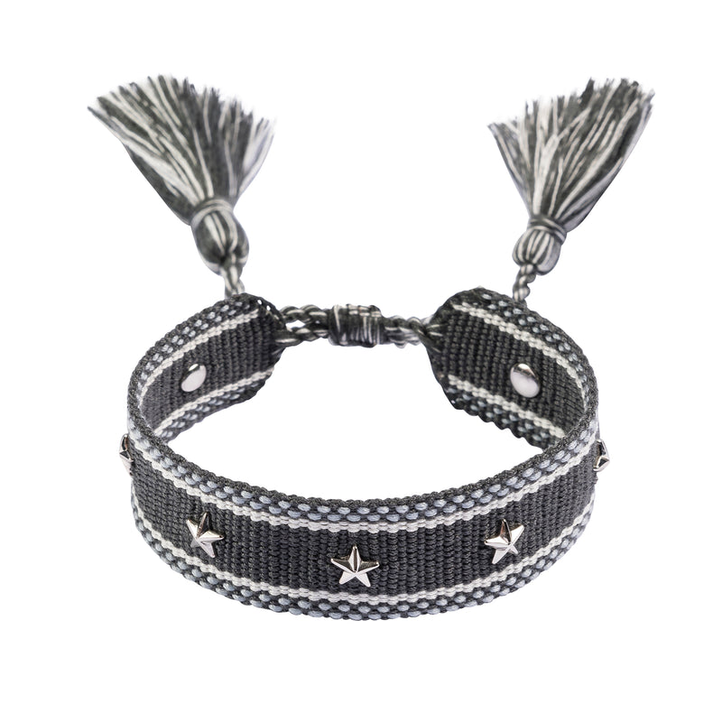 WOVEN FRIENDSHIP BRACELET W/STAR STUDS DARK GREY W/SILVER