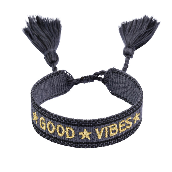 WOVEN FRIENDSHIP BRACELET "GOOD VIBES" CHARCOAL
