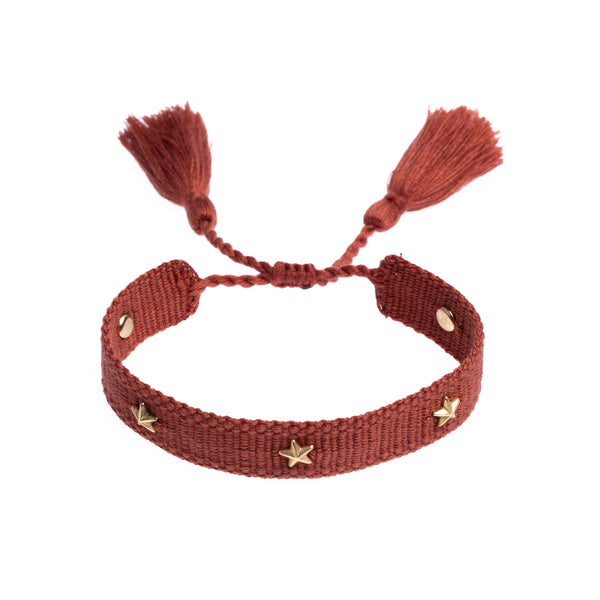 WOVEN FRIENDSHIP BRACELET THIN W/STAR STUD - MAHOGANY